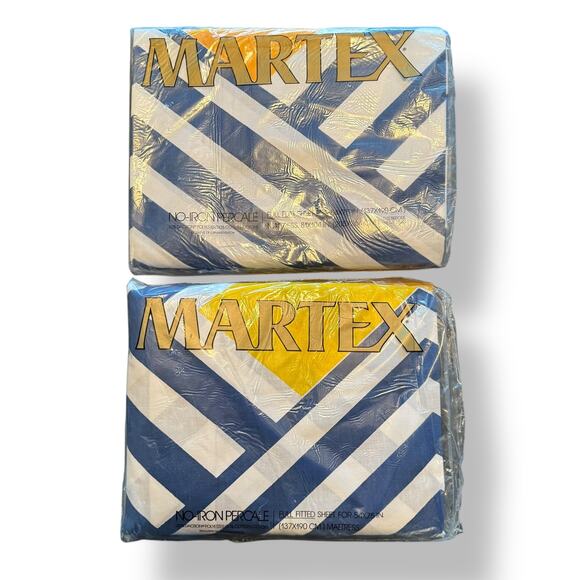 Vintage 70s Martex full flat and fitted sheet NOS in package Navy White - Picture 1 of 3